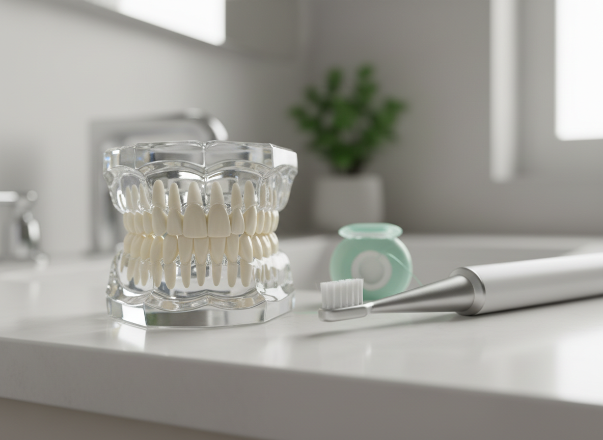 A pristine dental chair upholstered in soft light teal synthetic leather with subtle texture, fully reclined and ready for the next patient, in a contemporary treatment room. The chair’s armrests and base are smooth white and aluminum, with a flexible overhead lamp arched above, its head turned slightly to one side. To the right, a compact hygiene cart with neatly coiled suction hoses and a small ultrasonic scaler unit sits on a glossy floor. Natural daylight filters through a large frosted glass window, softened by sheer white blinds, while cool ceiling LEDs add clarity. The atmosphere is calm, welcoming, and clinically precise. Photographic realism, wide-angle shot at eye level, with balanced composition and gentle depth of field.